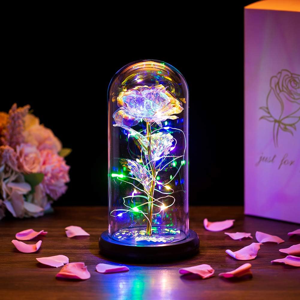 GOLDEN LED Dekofigur Das Biest Rose In Glaskuppel LED-Lichter Kristallrose Blumen Geschenk