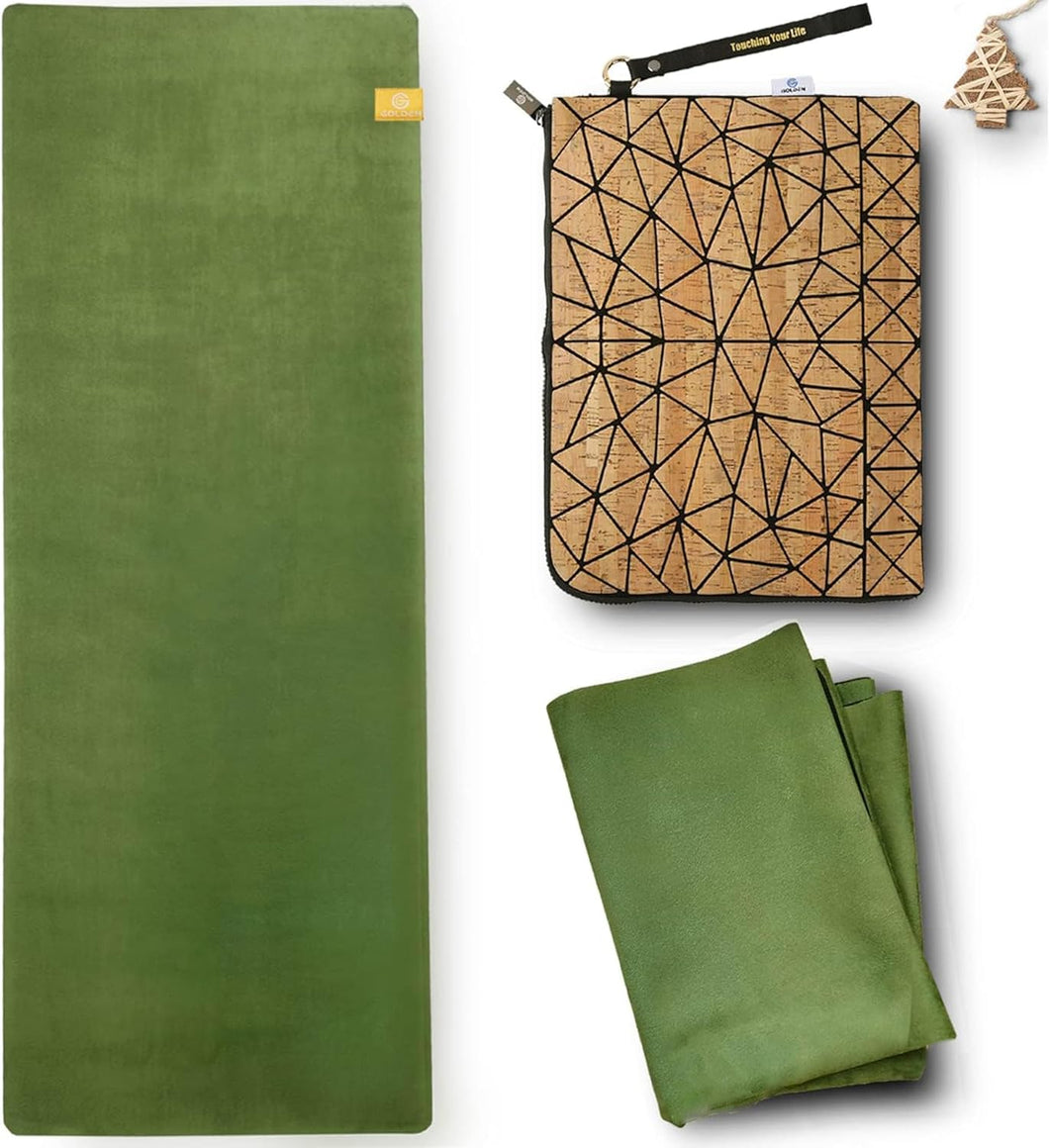 GOLDEN Yogamatte Faltbar rutschfest Schadstofffrei, 1,5mm Dünne Leicht ökologische Reise Matte/Handtuch aus Naturkautschuk, Waschbar mit Tasche Tragegurt aus Kork Order PU, Hot Yoga Bikram